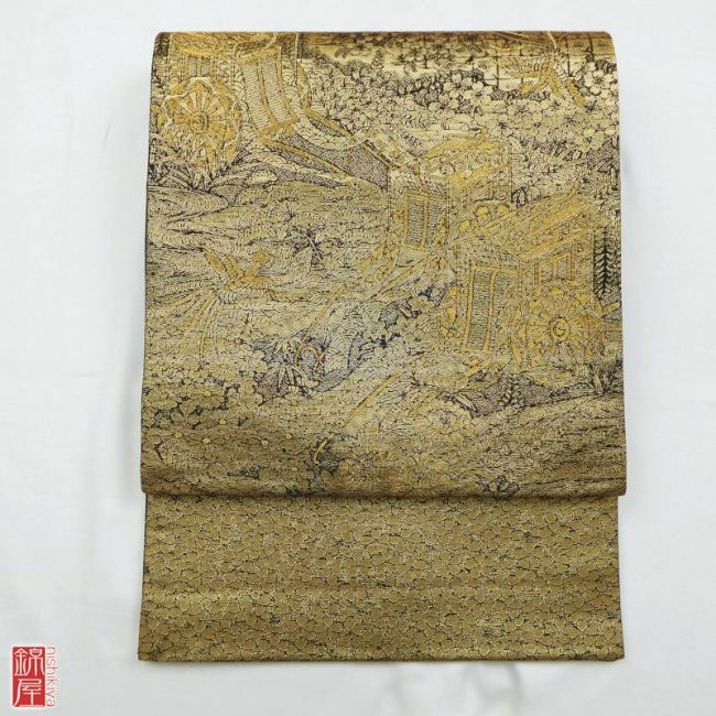 袋帯 本金二重箔 扇面花鳥 文六通柄 良品 フォーマル用 正絹 古典柄 箔