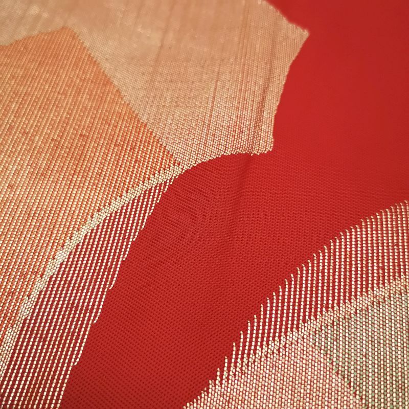 八寸名古屋帯 六通柄 名古屋仕立て 正絹 良品 赤・朱地に幾何学柄・抽象柄_画像9