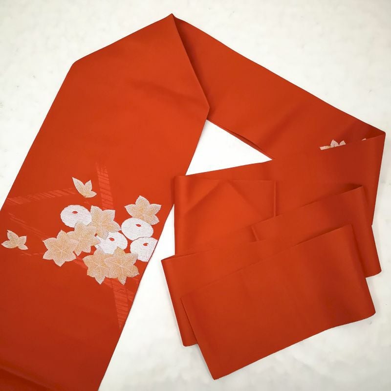 八寸名古屋帯 太鼓柄 名古屋仕立て レーヨン 良品 橙地に花柄・木の葉・植物柄_画像5