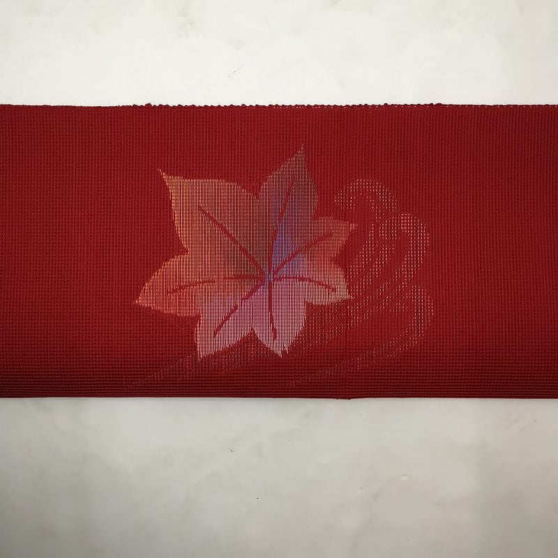 八寸名古屋帯 太鼓柄 松葉仕立て 化繊 良品  赤・朱地に木の葉・植物柄_画像6