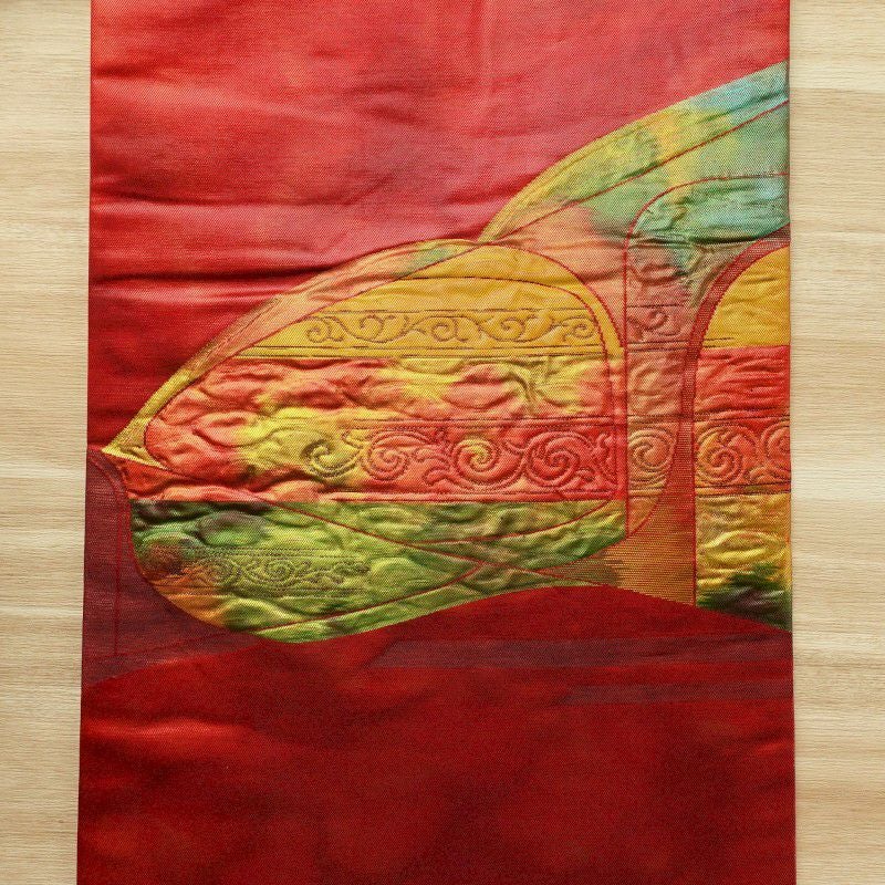 名古屋帯 ふくれ織　太鼓柄 正絹 幾何学柄・抽象柄 名古屋仕立て 赤・朱_画像6