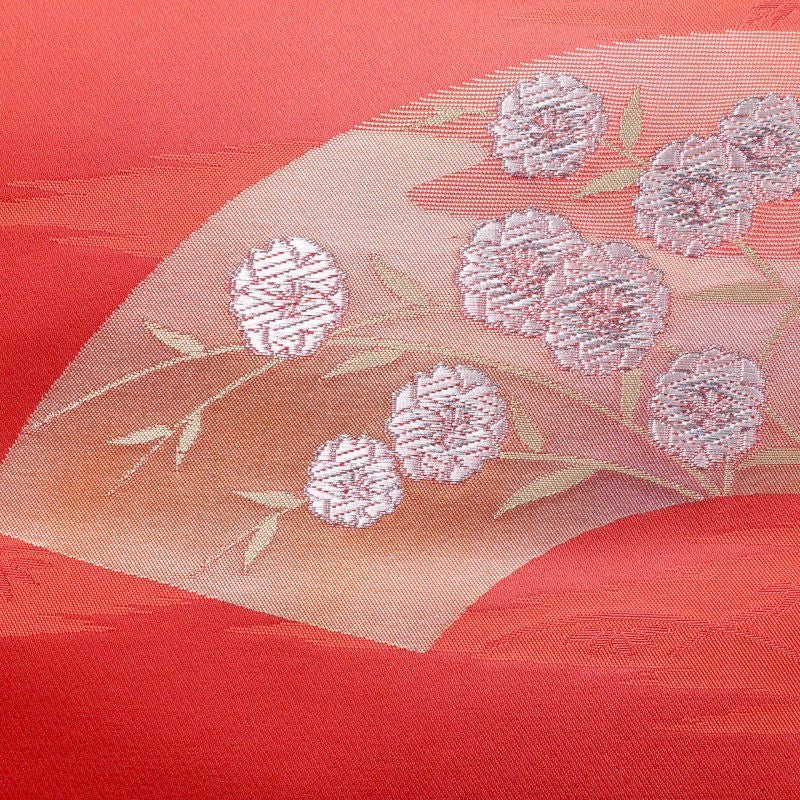 八寸名古屋帯 正絹 花柄 松葉仕立て 赤・朱_画像2