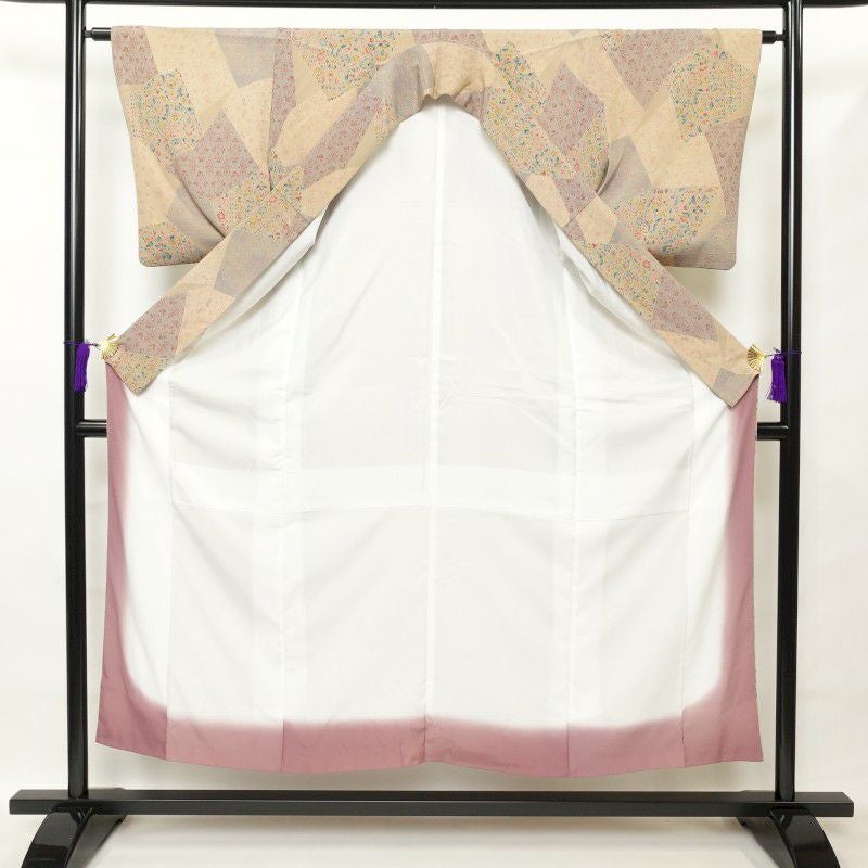 小紋 縮緬 正絹 幾何学柄・抽象柄 袷仕立て ベージュ_画像3