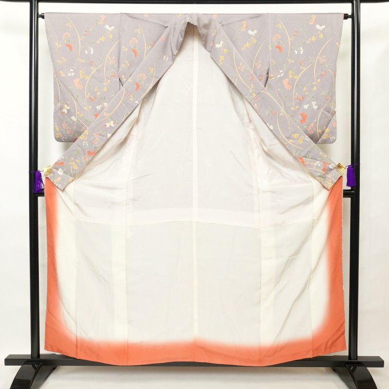 小紋 付下げ小紋 梨地 ポリエステル 花柄 袷仕立て 紫・藤色_画像3