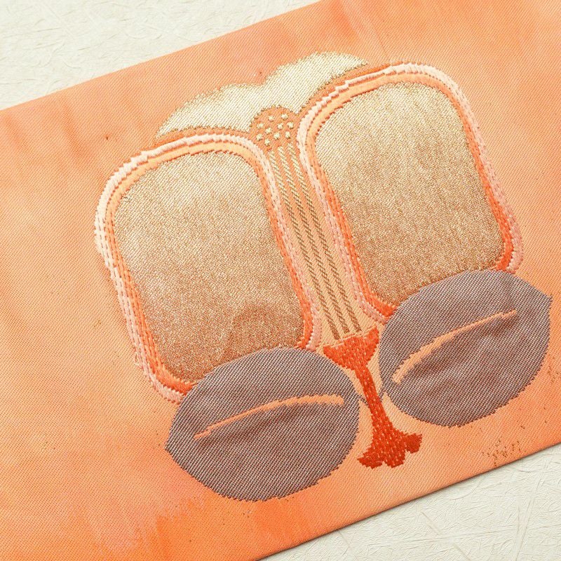 名古屋帯 太鼓柄 良品 正絹 花柄 名古屋仕立て 橙_画像12