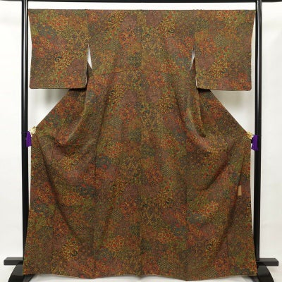 小紋 美品 正絹 幾何学柄・抽象柄 袷仕立て 身丈164.5cm 裄丈68cm 黄・黄土色