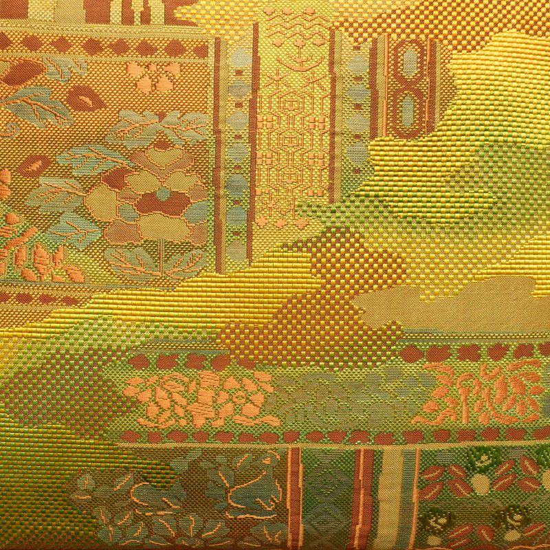 名古屋帯 六通柄 良品 正絹 木の葉・植物柄 名古屋仕立て 黄・黄土色_画像2