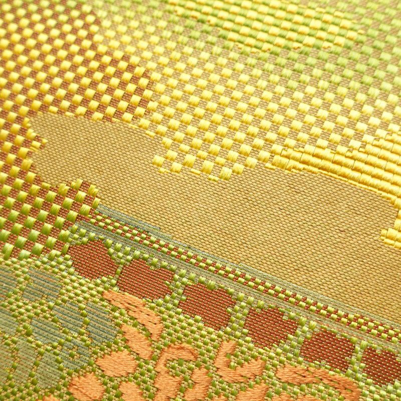 名古屋帯 六通柄 良品 正絹 木の葉・植物柄 名古屋仕立て 黄・黄土色_画像6