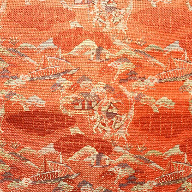 名古屋帯 六通柄 良品 正絹 風景柄 松葉仕立て 赤・朱_画像2