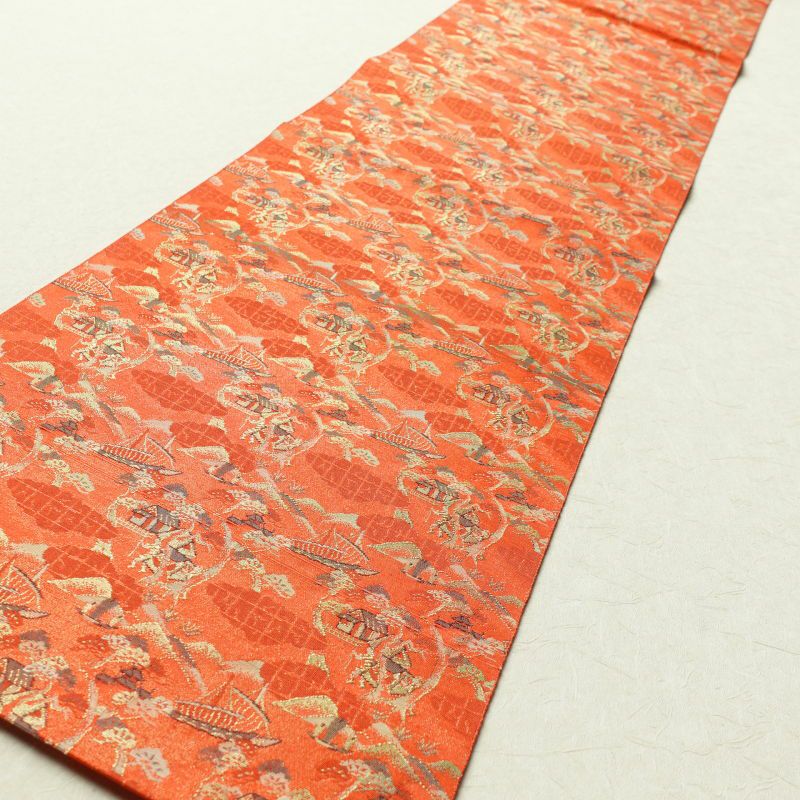 名古屋帯 六通柄 良品 正絹 風景柄 松葉仕立て 赤・朱_画像8