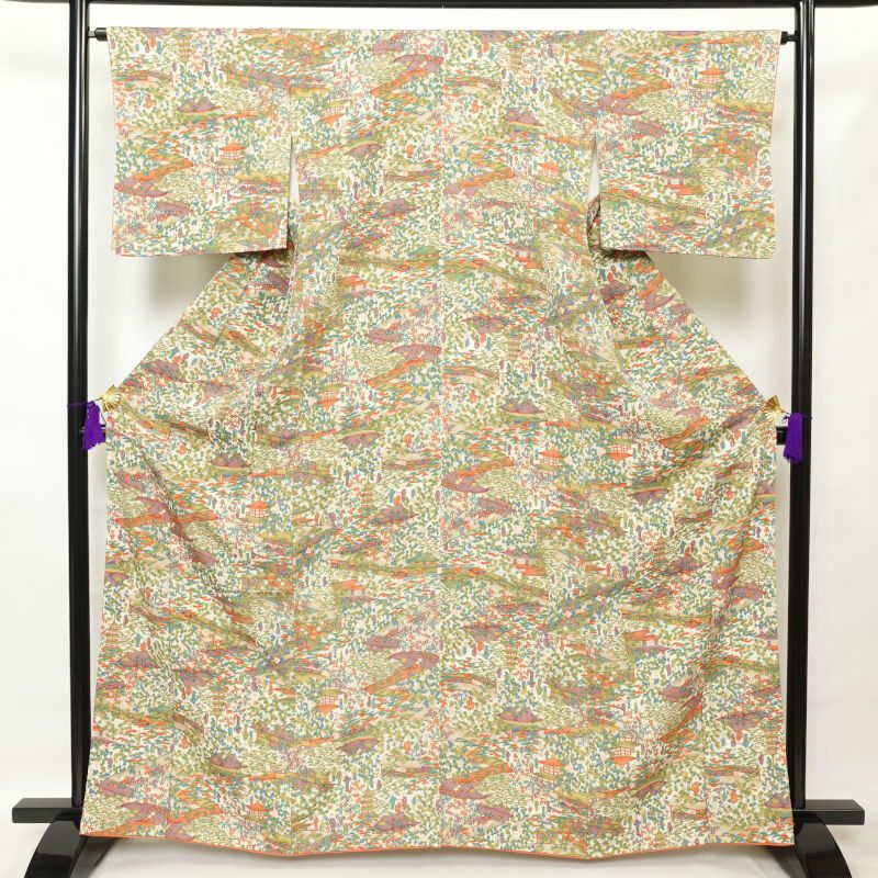 小紋 美品 ちりめん 正絹 風景柄 袷仕立て 多色使い_画像1