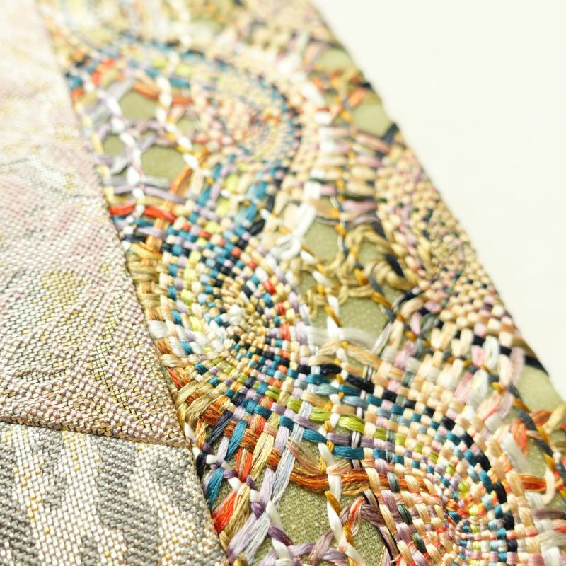 袋帯 全通柄 一般用 正絹 幾何学柄・抽象柄 緑・うぐいす色_画像11