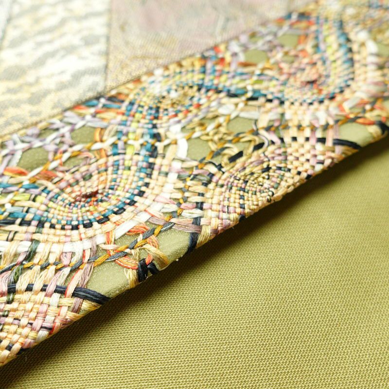 袋帯 全通柄 一般用 正絹 幾何学柄・抽象柄 緑・うぐいす色_画像22