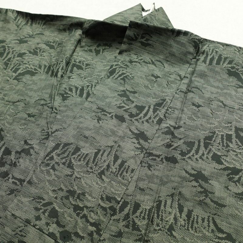 紬 正絹 木の葉・植物柄 袷仕立て 緑・うぐいす色_画像21