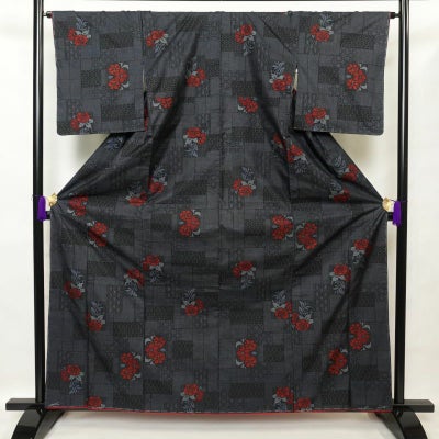 紬 美品 しつけ糸付き 正絹 花柄 袷仕立て 身丈162cm 裄丈66cm 青・紺