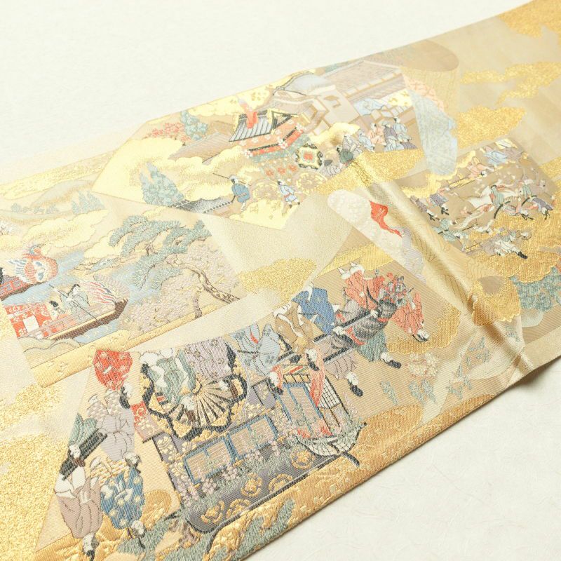 袋帯 全通柄 良品 金糸 フォーマル用 正絹 人物・動物柄 ベージュ_画像25