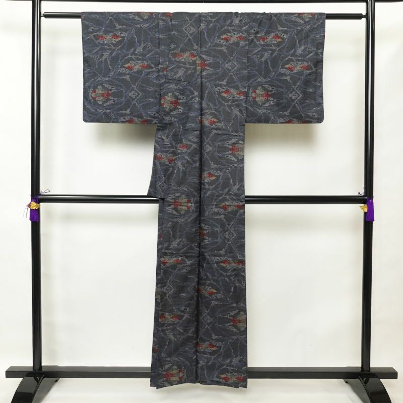 紬 正絹 幾何学柄・抽象柄 袷仕立て 青・紺_画像2