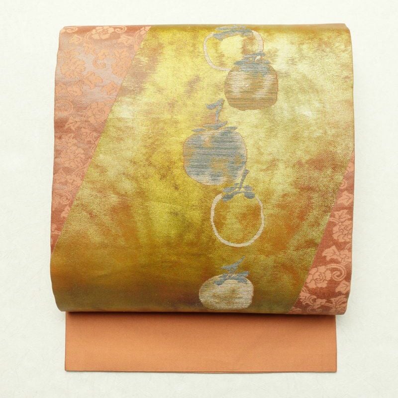 名古屋帯 太鼓柄 正絹 木の葉・植物柄 名古屋仕立て 橙_画像1