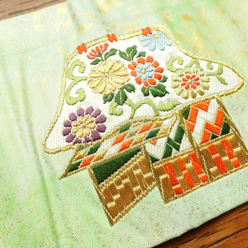 名古屋帯 太鼓柄 良品 しつけ糸付き 正絹 古典柄 名古屋仕立て 緑・うぐいす色_画像20