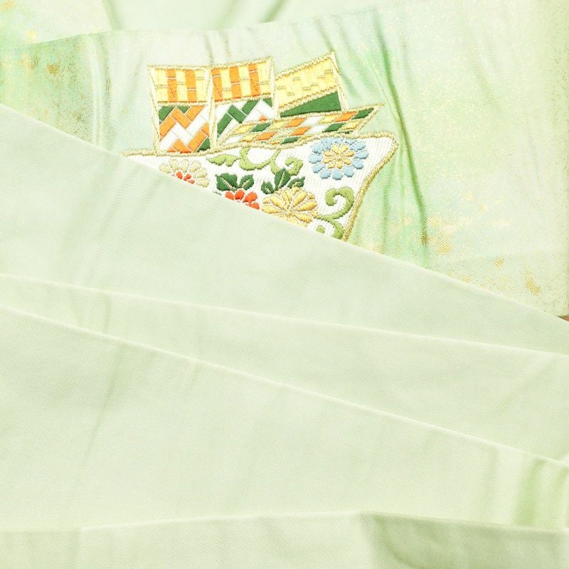 名古屋帯 太鼓柄 良品 しつけ糸付き 正絹 古典柄 名古屋仕立て 緑・うぐいす色_画像24