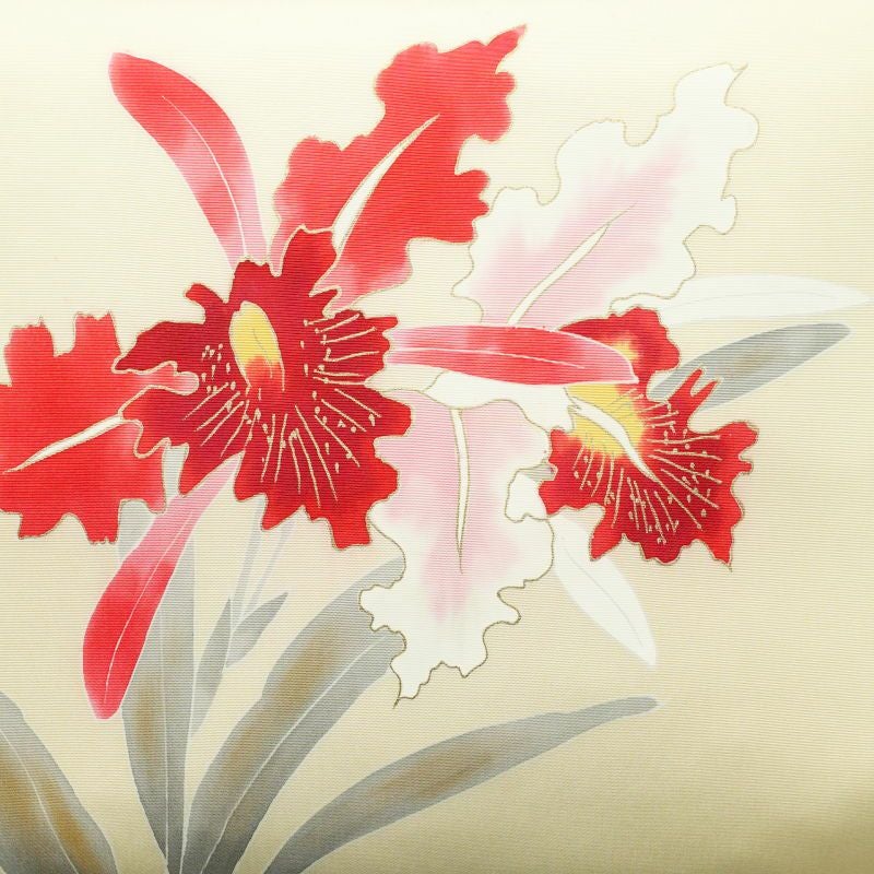 名古屋帯 塩瀬染め 太鼓柄 正絹 花柄 名古屋仕立て クリーム_画像2