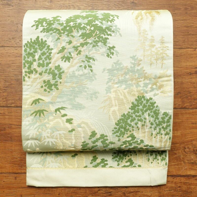 袋帯 六通柄 良品 ポリエステル 風景柄 クリーム_画像1