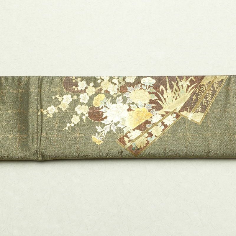 袋帯 太鼓柄 フォーマル用 正絹 箔 四季折々 古典柄 緑・うぐいす色_画像19