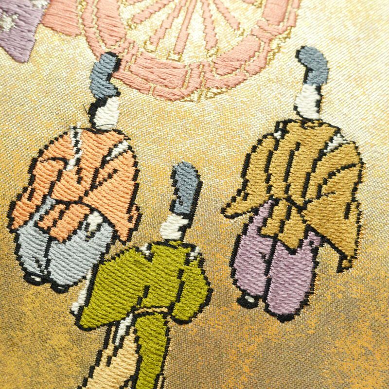 名古屋帯 太鼓柄 正絹 人物・動物柄 名古屋仕立て 橙_画像6