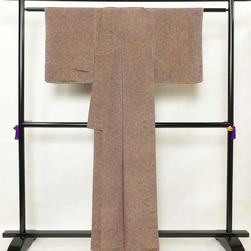 小紋 美品 しつけ糸付き 縮緬 総柄 正絹 幾何学柄・抽象柄 袷仕立て 紫・藤色_画像2