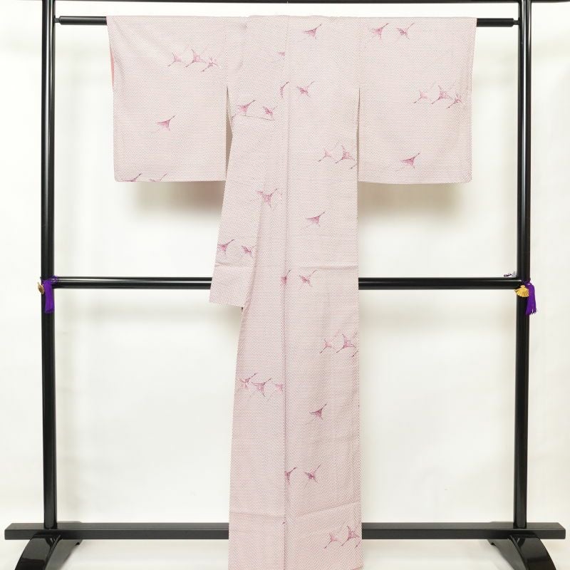 小紋 しつけ糸付き 総柄 混紡 鳥柄 人物・動物柄 袷仕立て 白_画像2