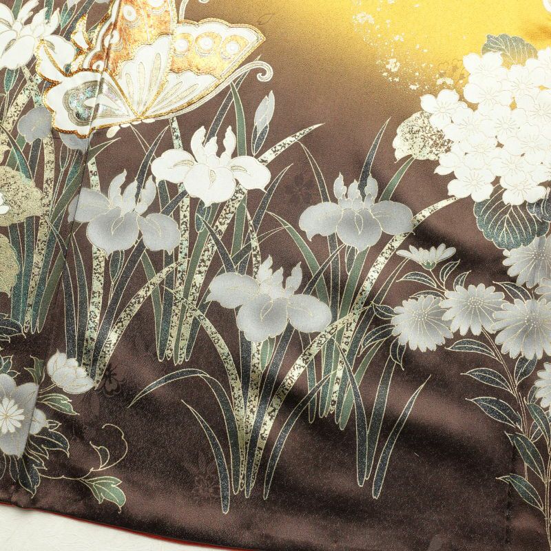 振袖 正絹 金駒刺繍 箔 蝶 花柄 袷仕立て 黄・黄土色_画像13