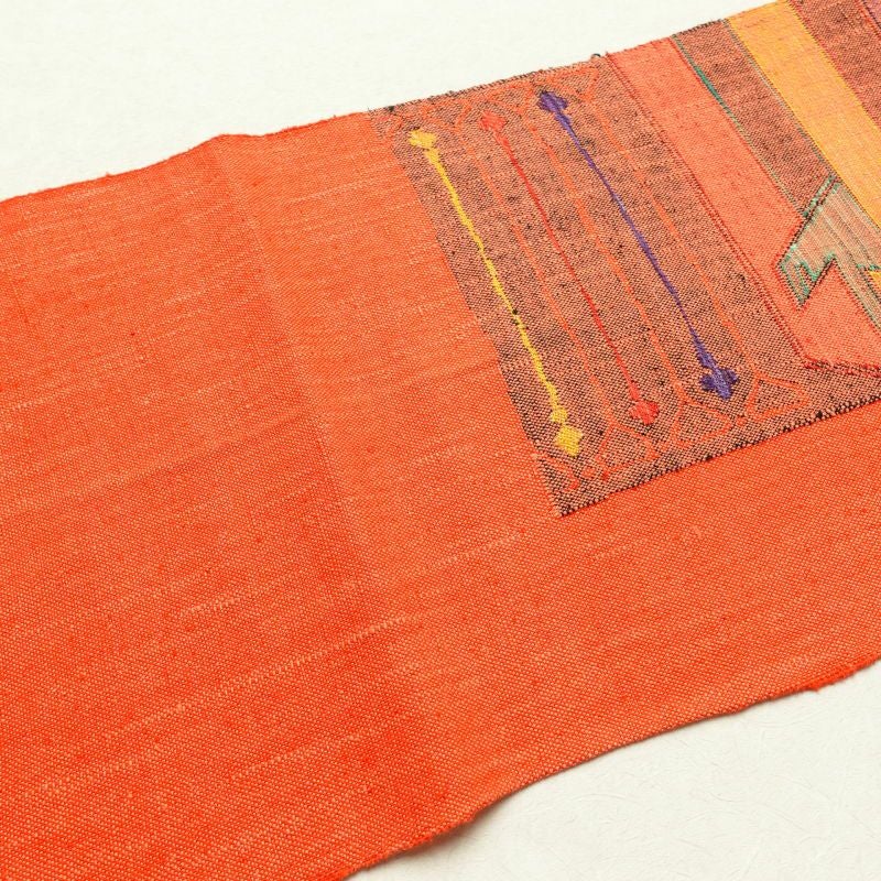 名古屋帯 紬 六通柄 正絹 幾何学柄・抽象柄 松葉仕立て 赤・朱_画像22