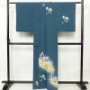 訪問着 美品 しつけ糸付き 縮緬 箔 共八掛 正絹 花柄 袷仕立て 青・紺_画像2