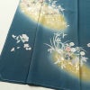 訪問着 美品 しつけ糸付き 縮緬 箔 共八掛 正絹 花柄 袷仕立て 青・紺_画像4