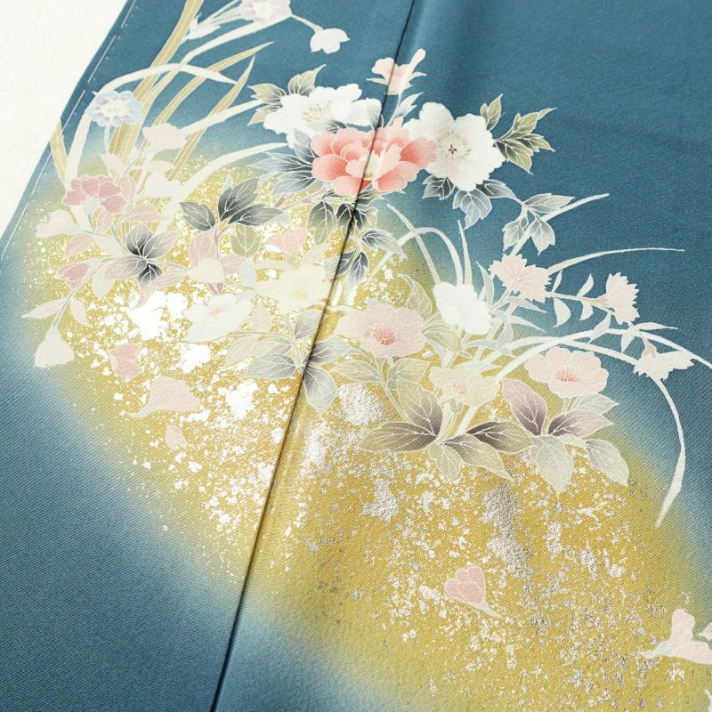 訪問着 美品 しつけ糸付き 縮緬 箔 共八掛 正絹 花柄 袷仕立て 青・紺_画像8