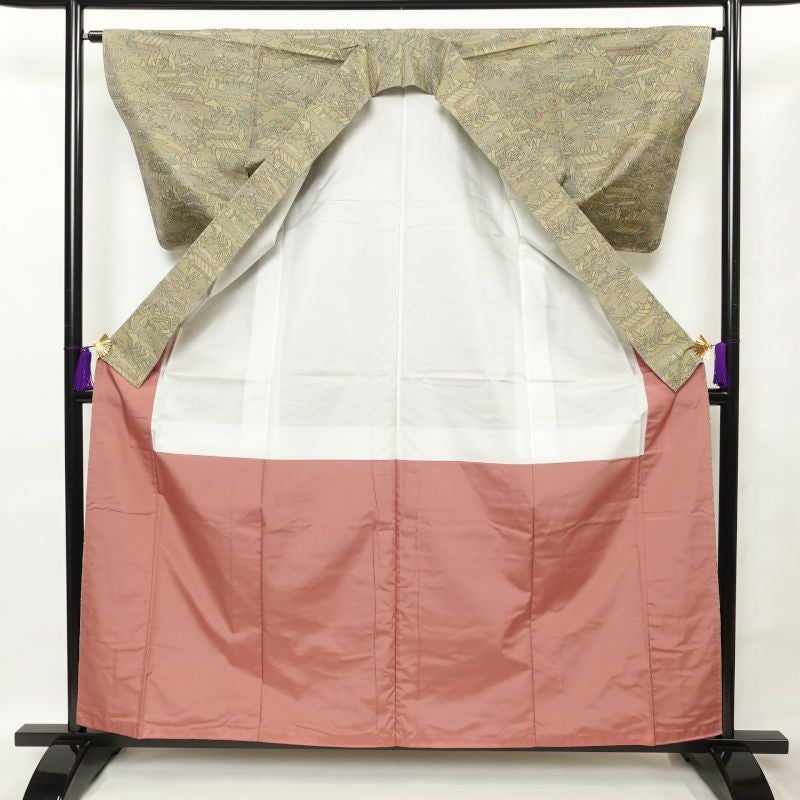 大島紬 良品 証紙あり 越路野大島紬 正絹 風景柄 袷仕立て 黄・黄土色_画像3