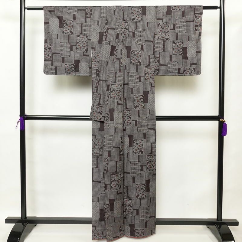 紬 良品 正絹 花柄 幾何学・抽象柄 袷仕立て 茶_画像2