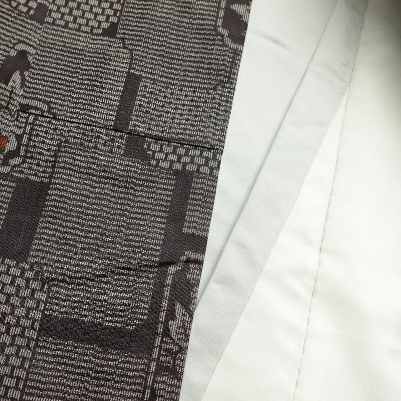 紬 良品 正絹 花柄 幾何学・抽象柄 袷仕立て 茶_画像23