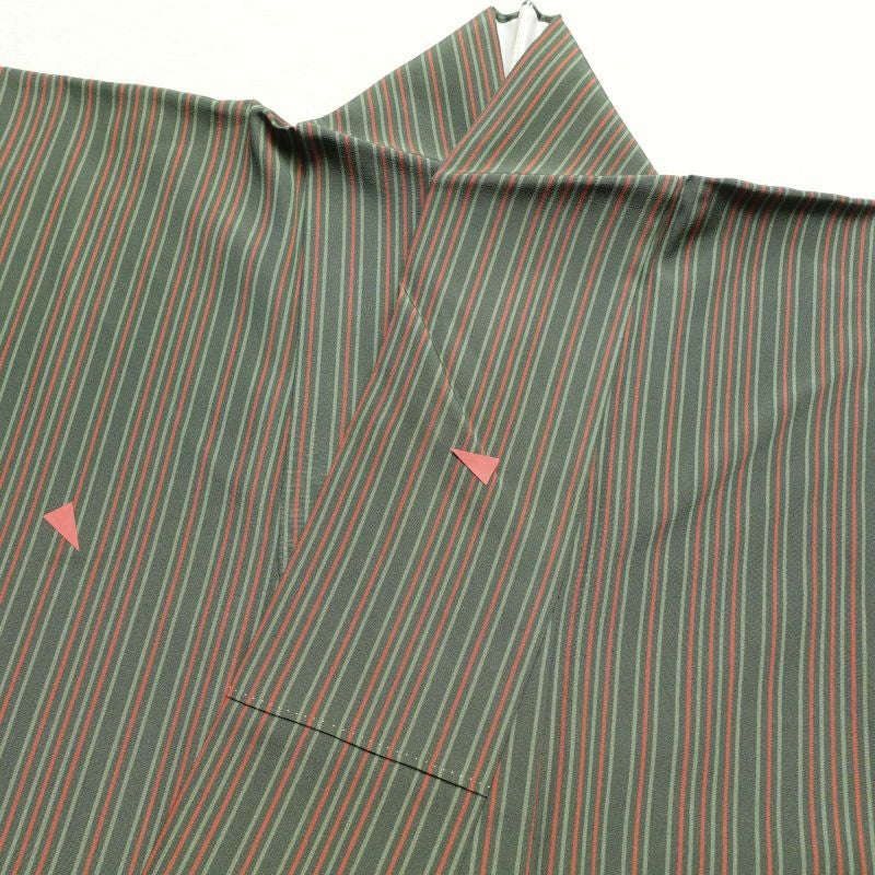 小紋 縮緬 正絹 縞柄・線柄 袷仕立て 緑・うぐいす色_画像19