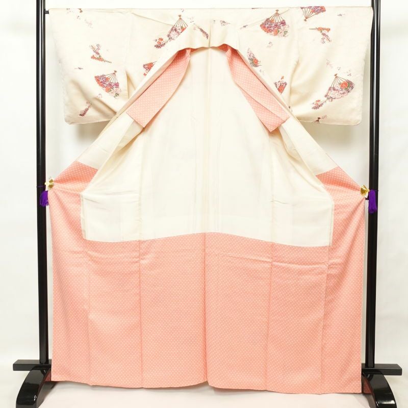 小紋 しつけ糸付き 金糸 伊達衿付き 正絹 古典柄 扇子 袷仕立て クリーム_画像3