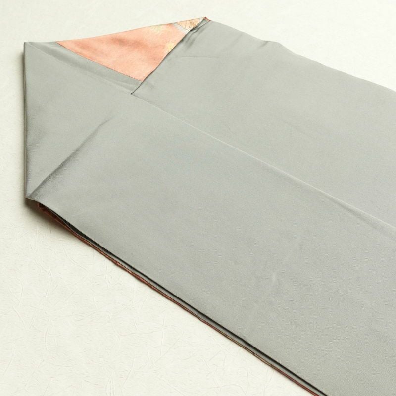 名古屋帯 太鼓柄 正絹 木の葉・植物柄 名古屋仕立て グレー_画像28