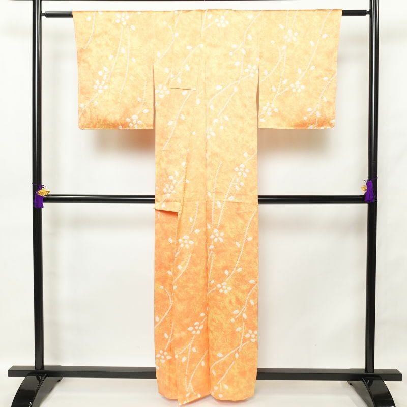 小紋 しつけ糸付き 絞り 正絹 木の葉・植物柄 袷仕立て 橙_画像2