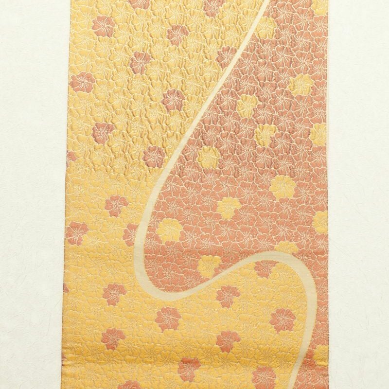 袋帯 六通柄 ふくれ織り 良品 一般用 正絹 花柄 黄・黄土色_画像10