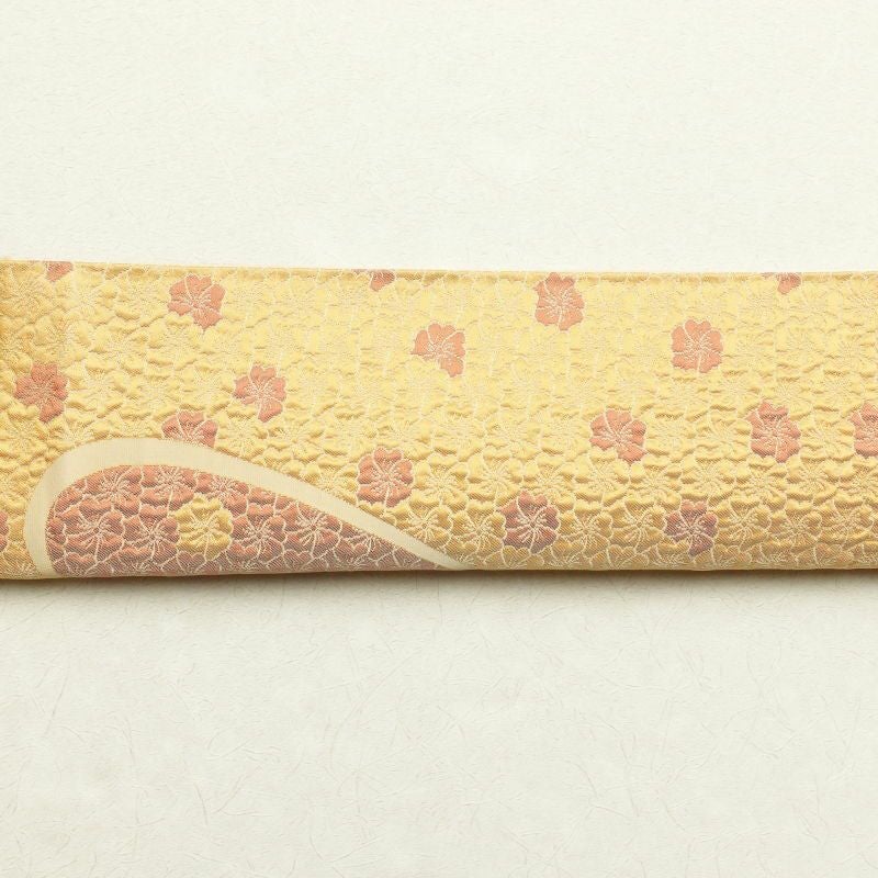 袋帯 六通柄 ふくれ織り 良品 一般用 正絹 花柄 黄・黄土色_画像19
