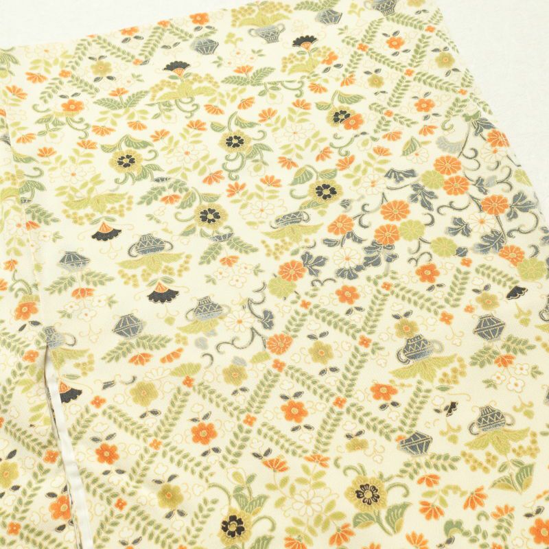 小紋  良品 しつけ糸付き 縮緬 総柄 正絹 花柄 袷仕立て クリーム_画像14