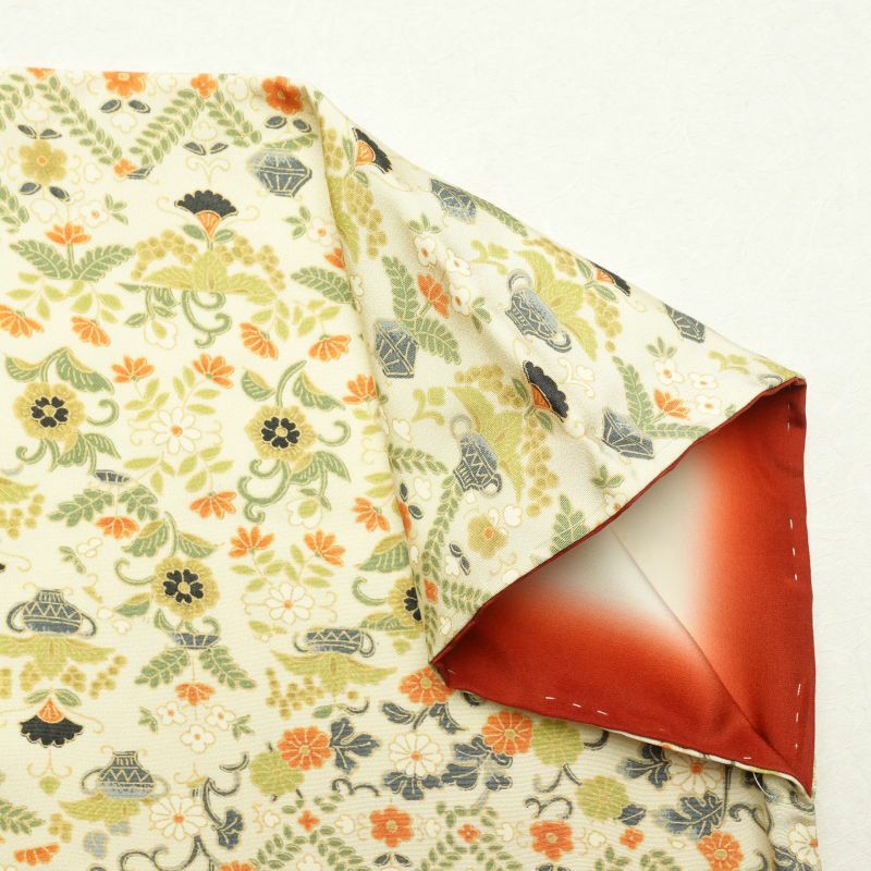 小紋  良品 しつけ糸付き 縮緬 総柄 正絹 花柄 袷仕立て クリーム_画像16