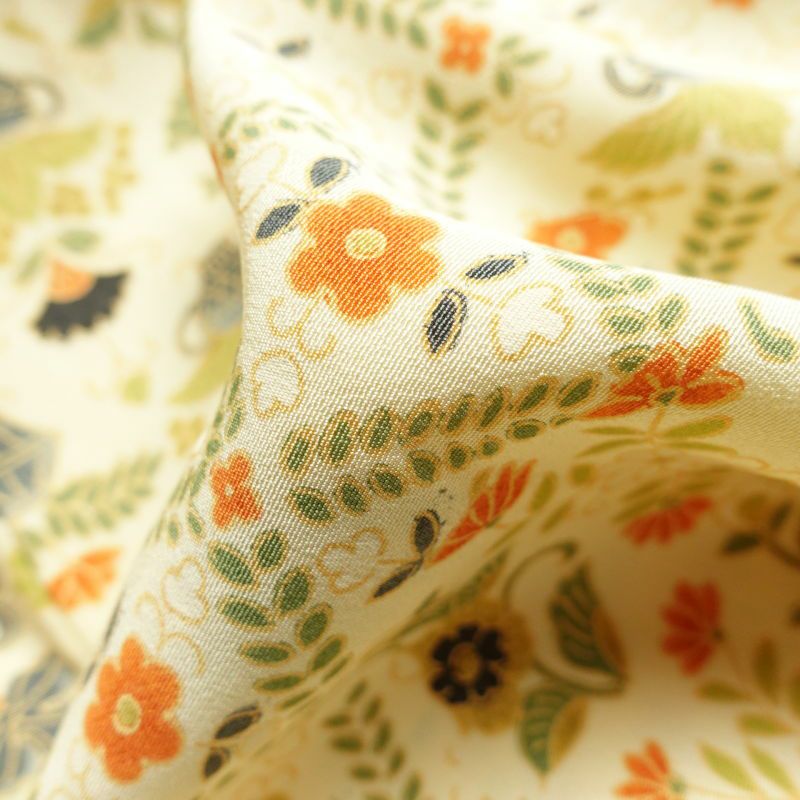 小紋  良品 しつけ糸付き 縮緬 総柄 正絹 花柄 袷仕立て クリーム_画像30