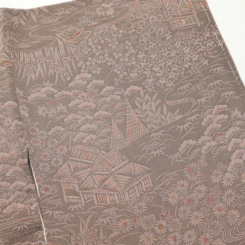 小紋 良品 縮緬 総柄 正絹 風景柄 袷仕立て 小豆・エンジ_画像13