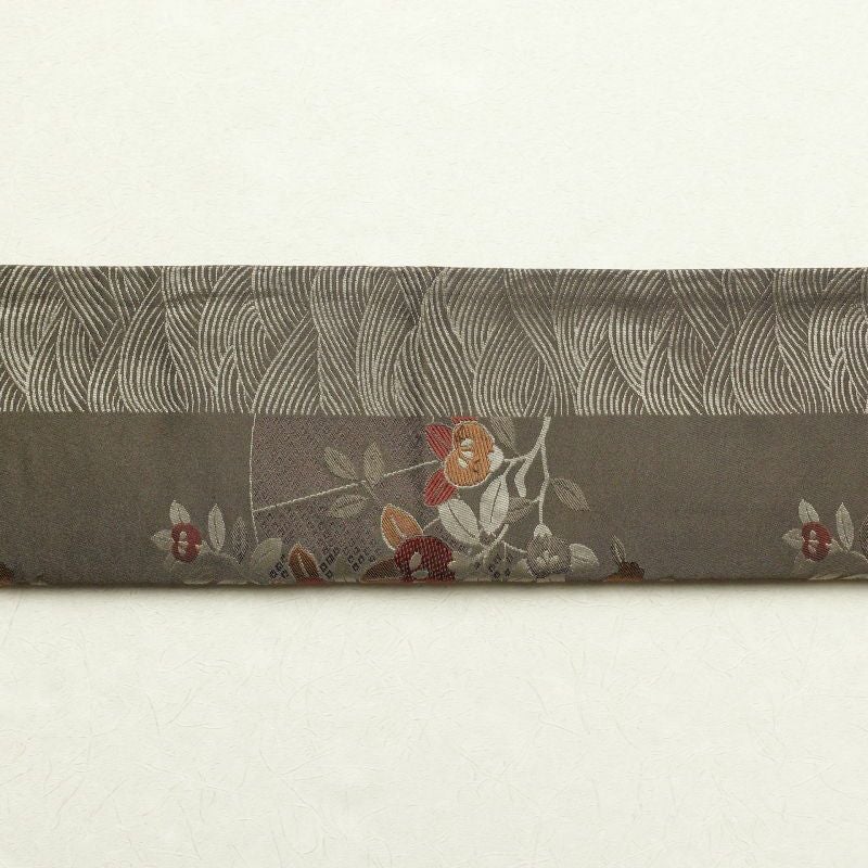 名古屋帯 六通柄 ポリエステル 花柄 通し仕立て 茶_画像21