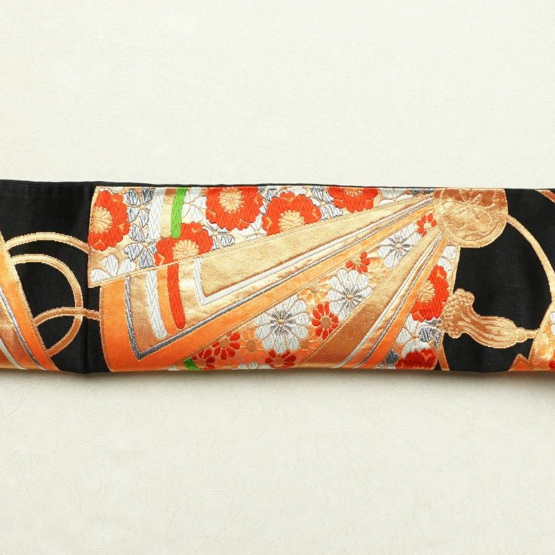 袋帯 六通柄 良品 扇子 振袖用 正絹 古典柄 黒_画像19